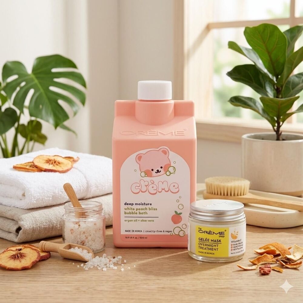 The Crème Shop K-Beauty Bundle Peach Bubble Bath & Vitamin C Overnight Mask